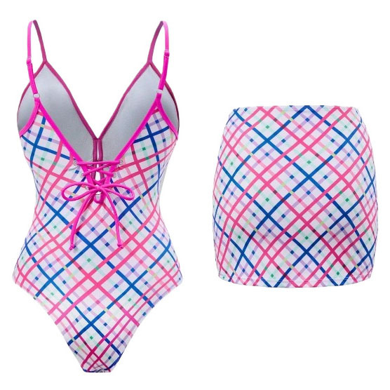 Women's Plaid Print One-Piece Swimsuit and Matching Skirt