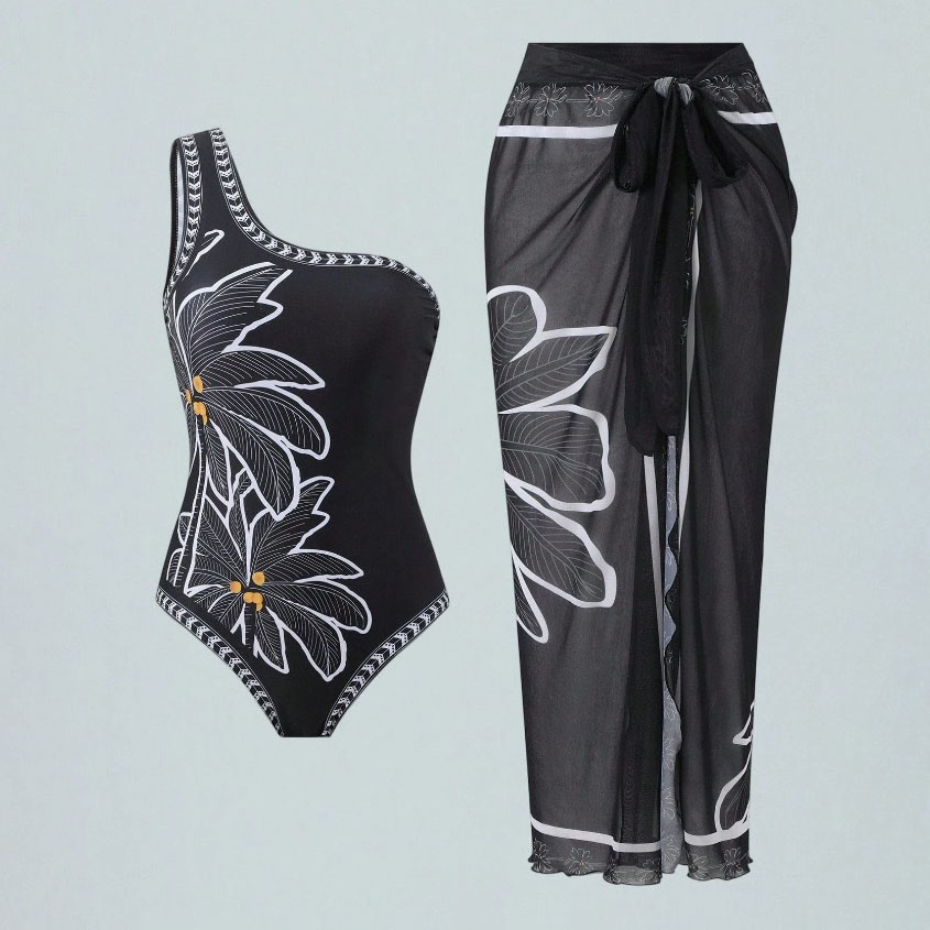 Women's Bohemian Floral Print One-Piece Swimsuit and Matching Maxi Skirt