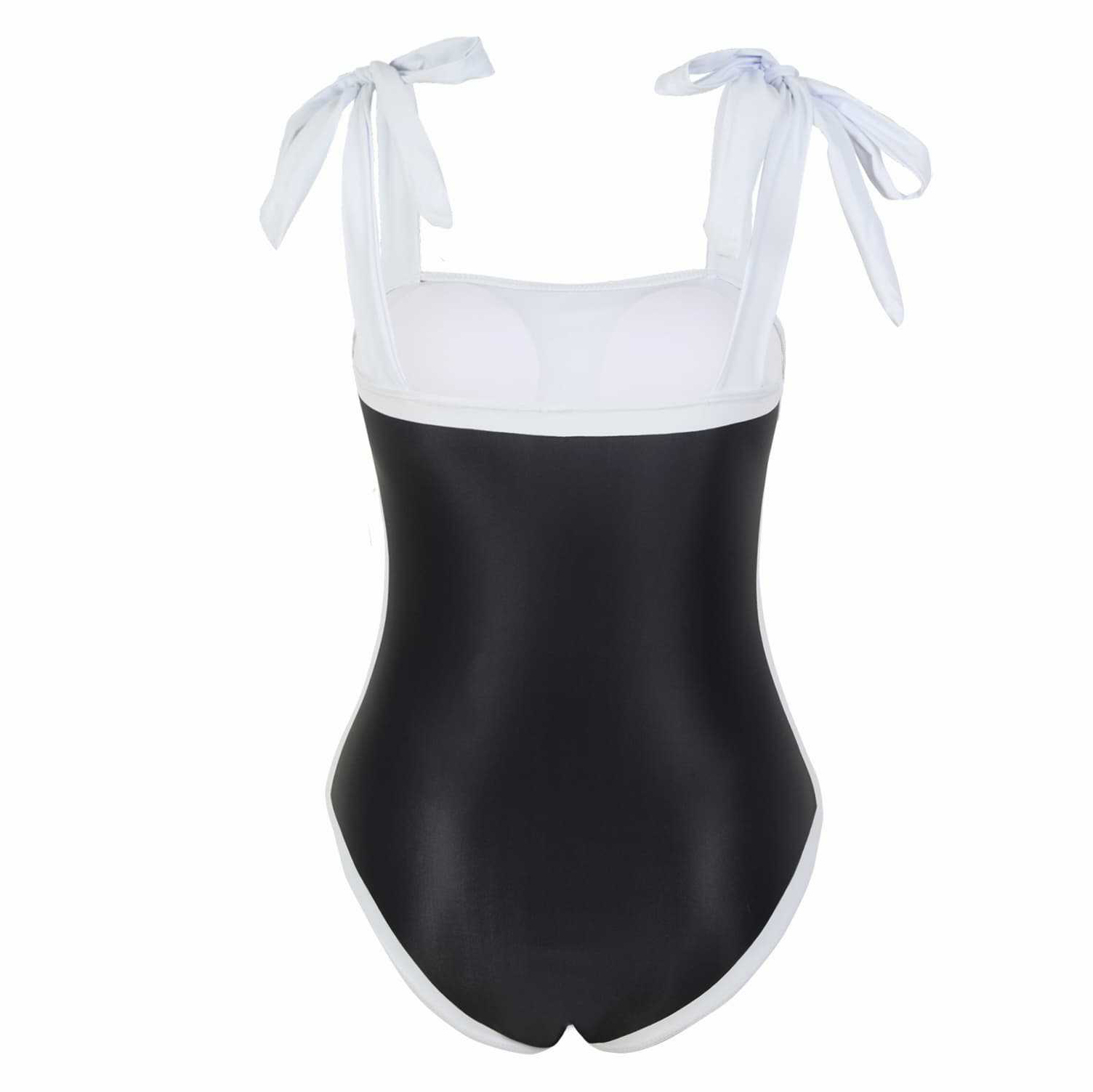 Women's Elegant Black and White Floral Print One-Piece Swimsuit with Skirt