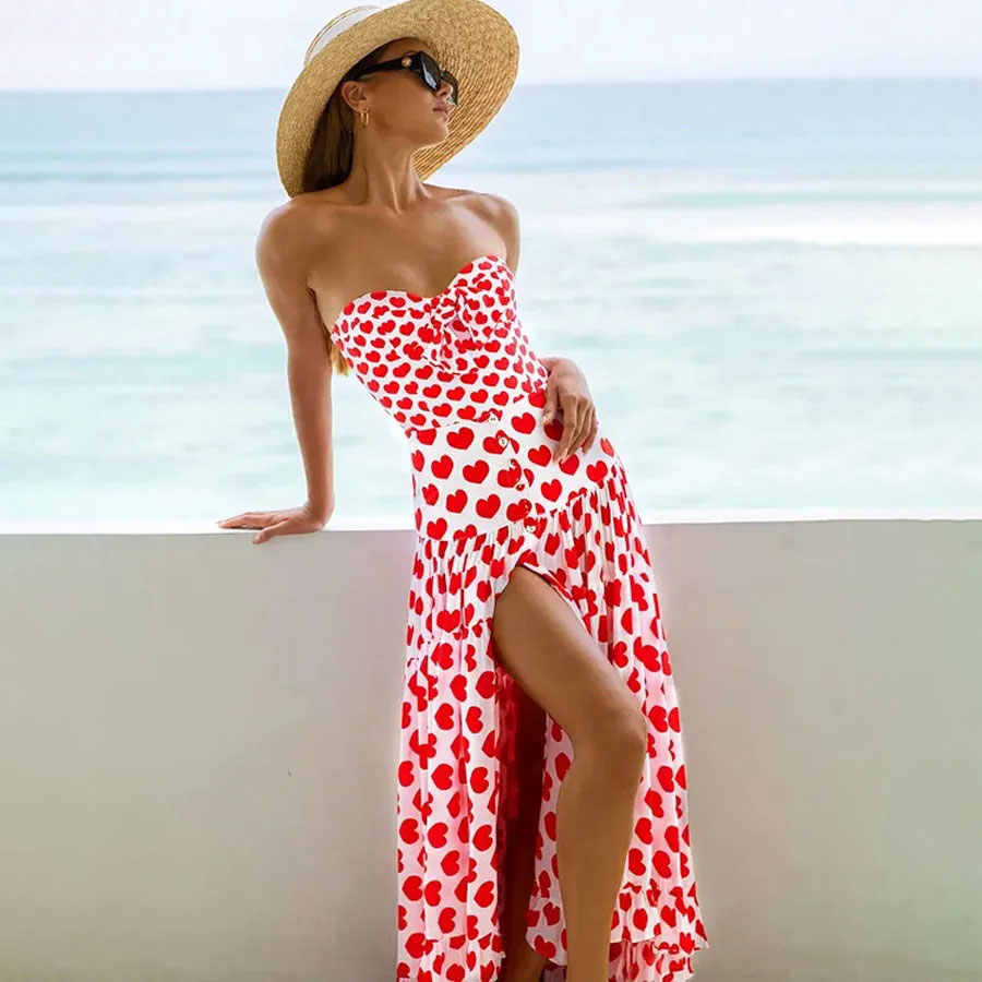 Women's Romantic Heart Print One-Piece Swimsuit with Skirt