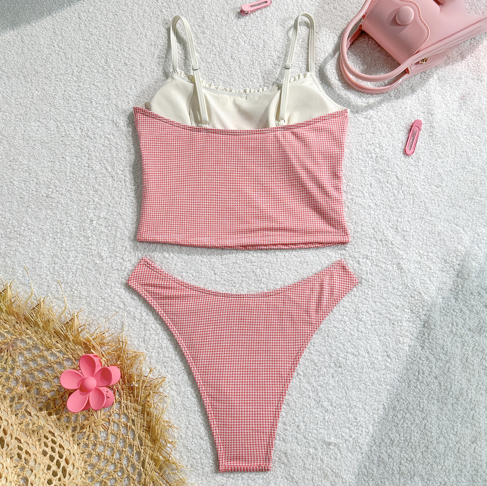 Bow Accent Tankini Set with Lace Trim and Open Back