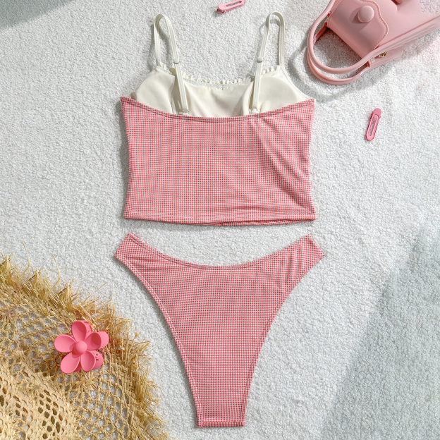 Bow Accent Tankini Set with Lace Trim and Open Back
