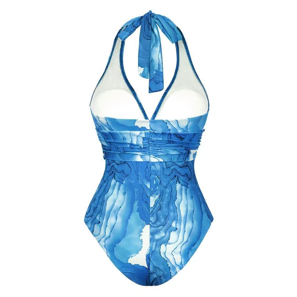 Women's Halter Neck Swimsuit with Plunging V-Neck Tie-Front and Blue Gradient Print One-Piece Swimsuit with Skirt