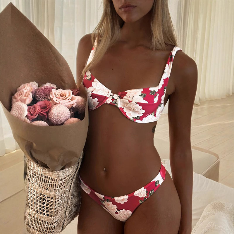 Women's Tropical Print Stretch Satin Bikini Two-Piece Swimsuit