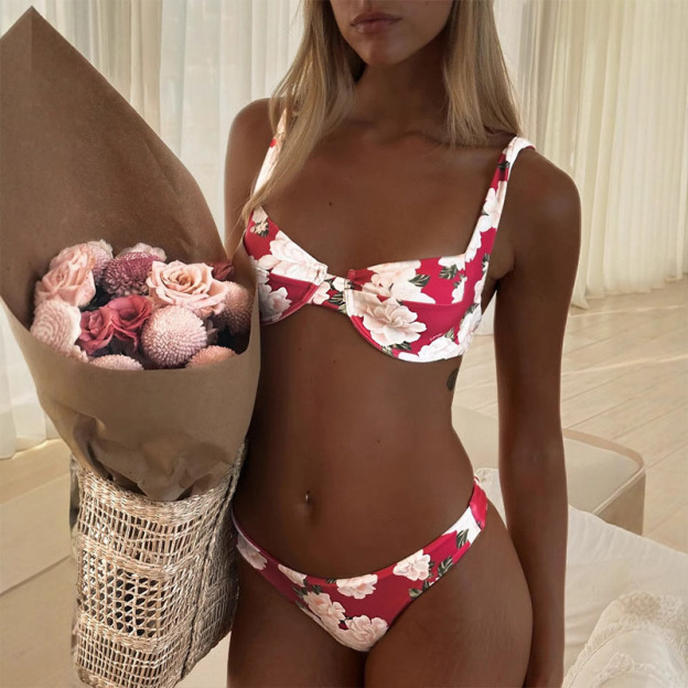 Women's Tropical Print Stretch Satin Bikini Two-Piece Swimsuit