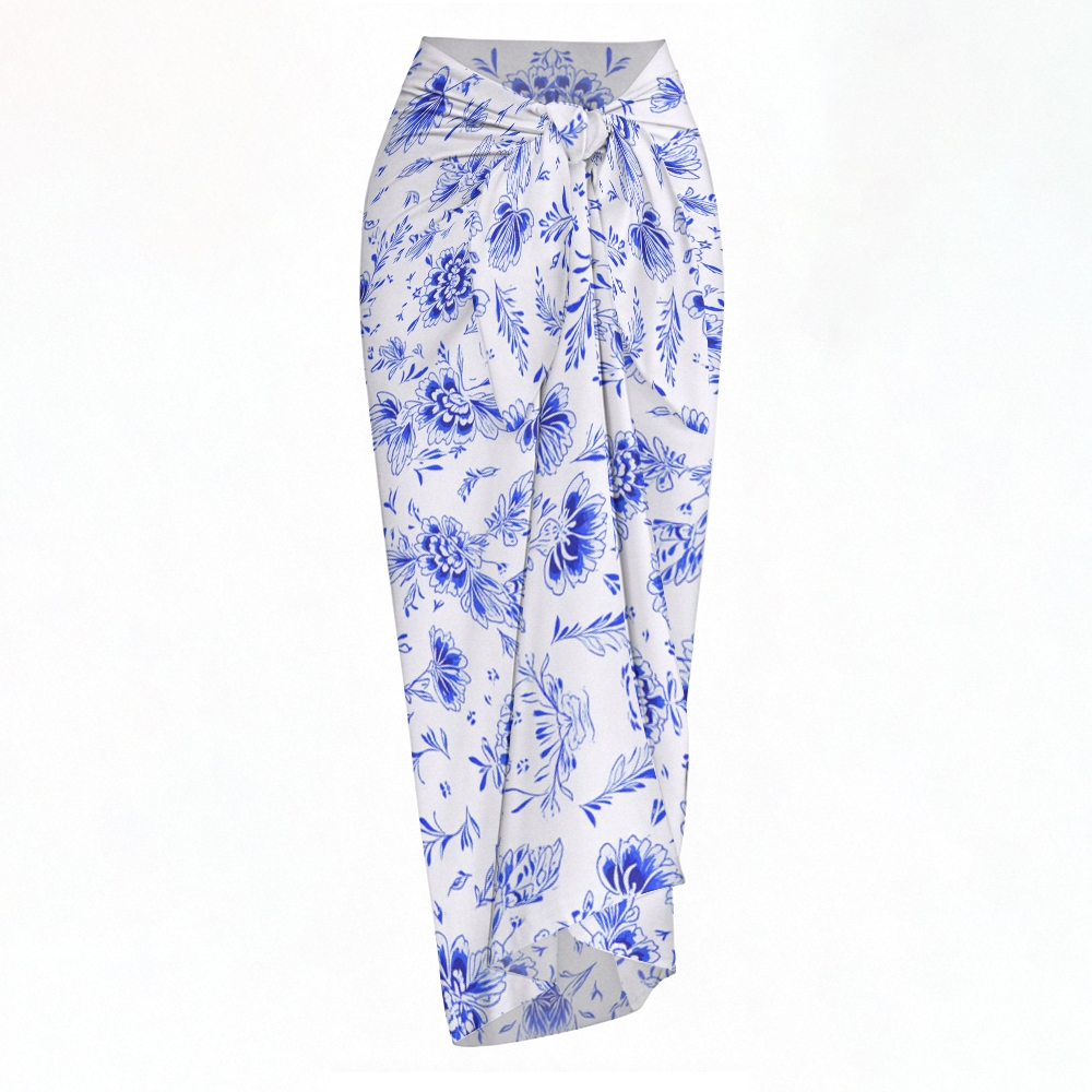 Blue Floral Print Straight Neckline One-Piece Swimsuit and Sarong Skirt