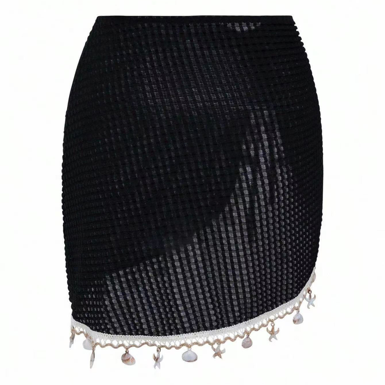 Black Knit Cover-Up Skirt Embellished with Shells, Starfish, and Fringe