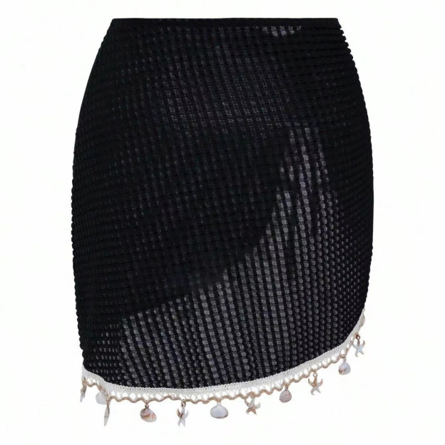 Black Knit Cover-Up Skirt Embellished with Shells, Starfish, and Fringe