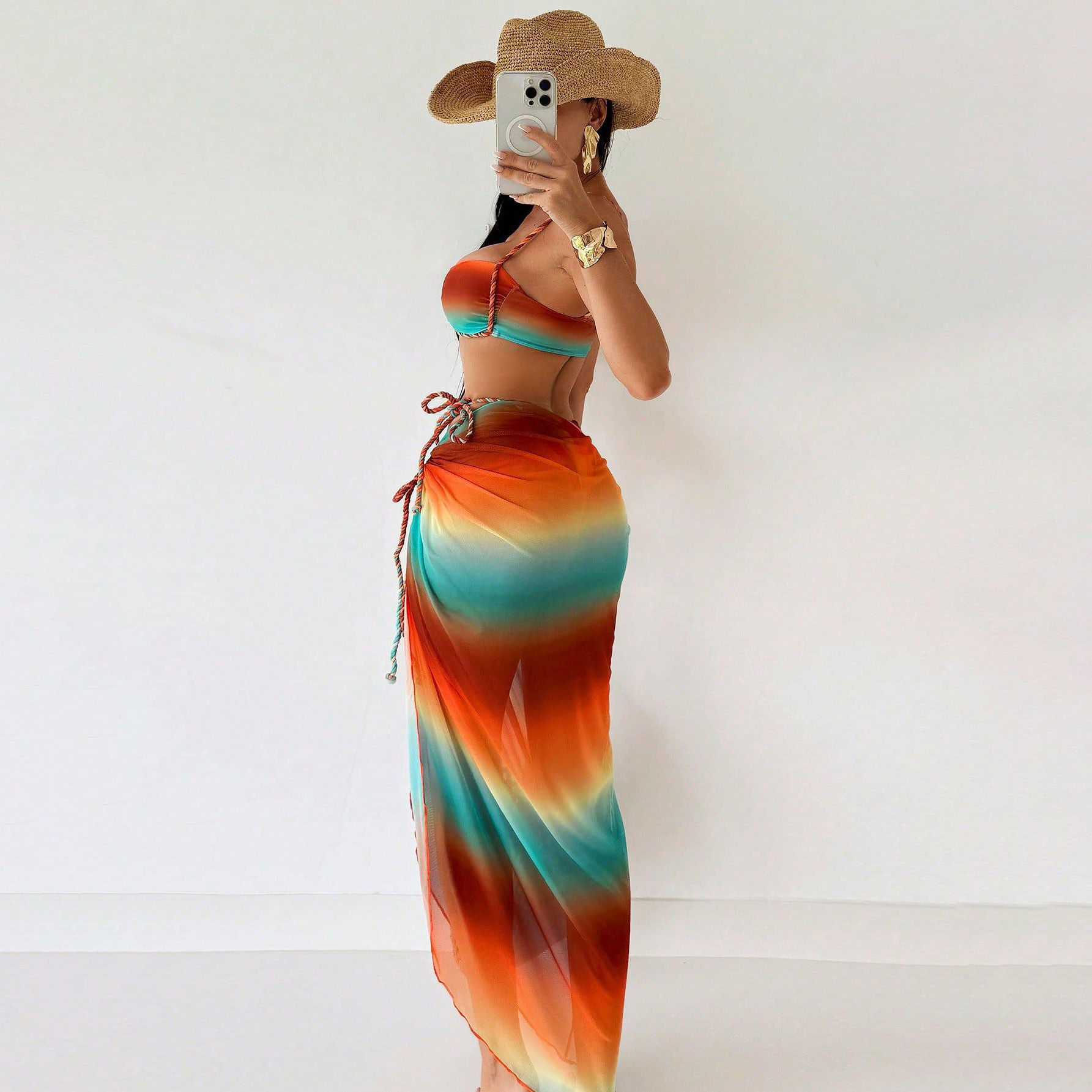Asymmetric Tie-Dye Rope Bikini & Long Skirt Set