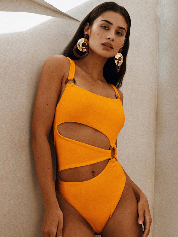 Square Neck Metal Ring Side Cutout One Piece Swimsuit