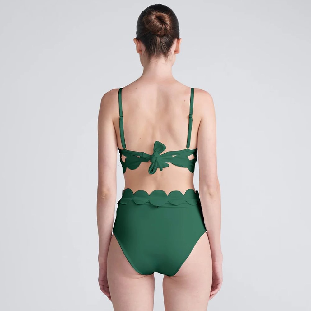 Women's New Solid Color Sexy Cut-Out Bikini Two-Piece Swimsuit with Skirt - Green
