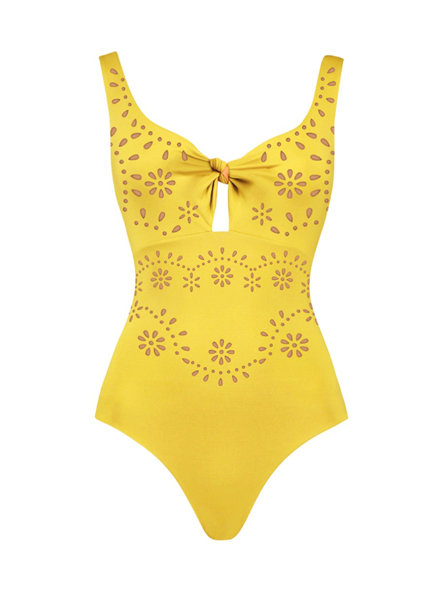 New Bright Yellow Laser-Cut Cutout One-Piece with Skirt