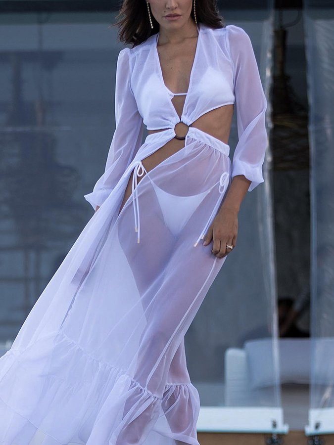 Solid Bikini and Long Sleeves Cut-out Dress Cover-up