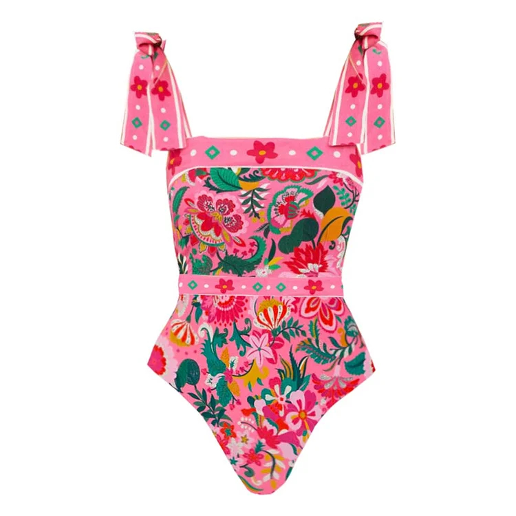 Pink Floral Paradise Print One Piece Swimsuit and Skirt