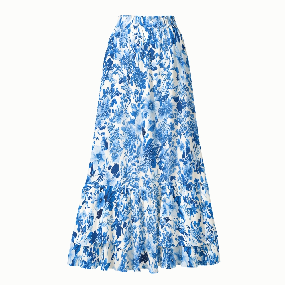 Women's Blue Blossom Print One-Piece Swimsuit and Skirt