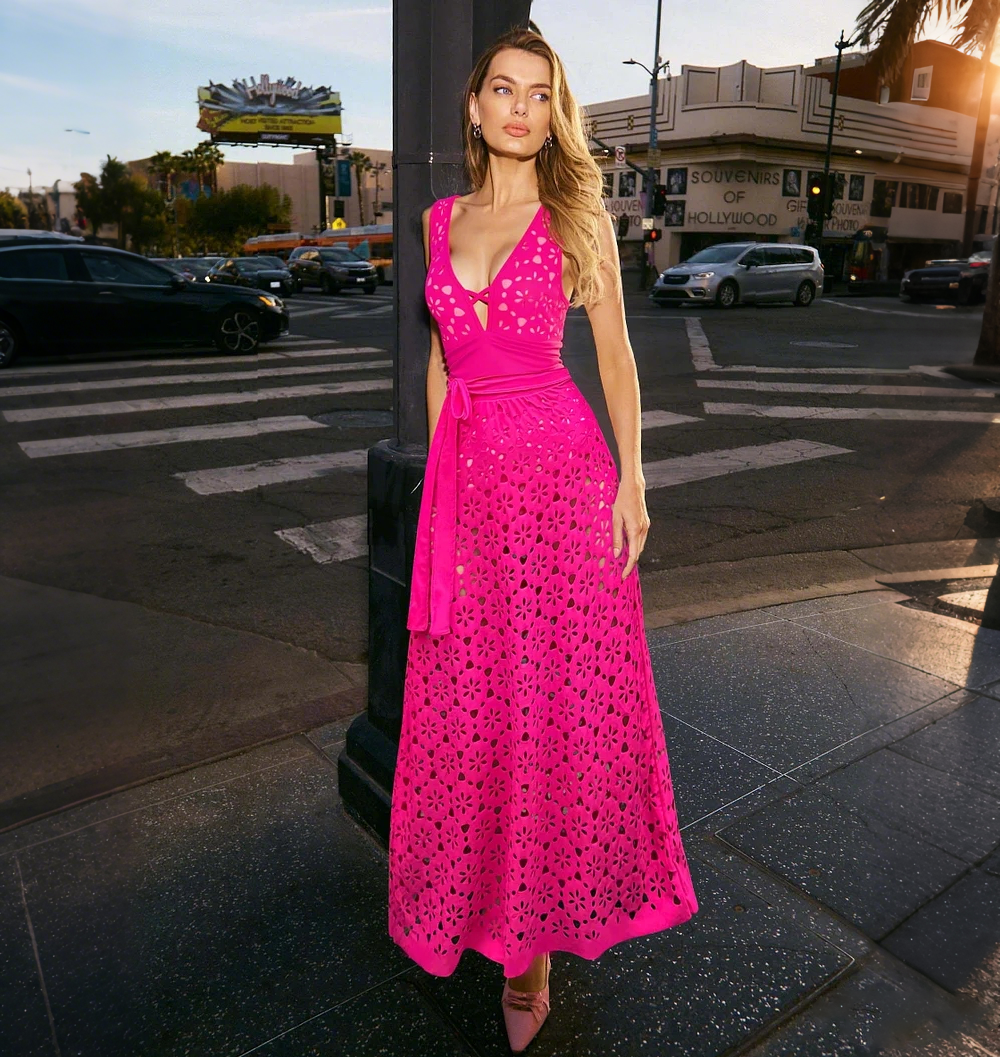 Women's V Neck Bestselling Sexy Solid Color Cut-Out One-Piece Swimsuit Set -Pink