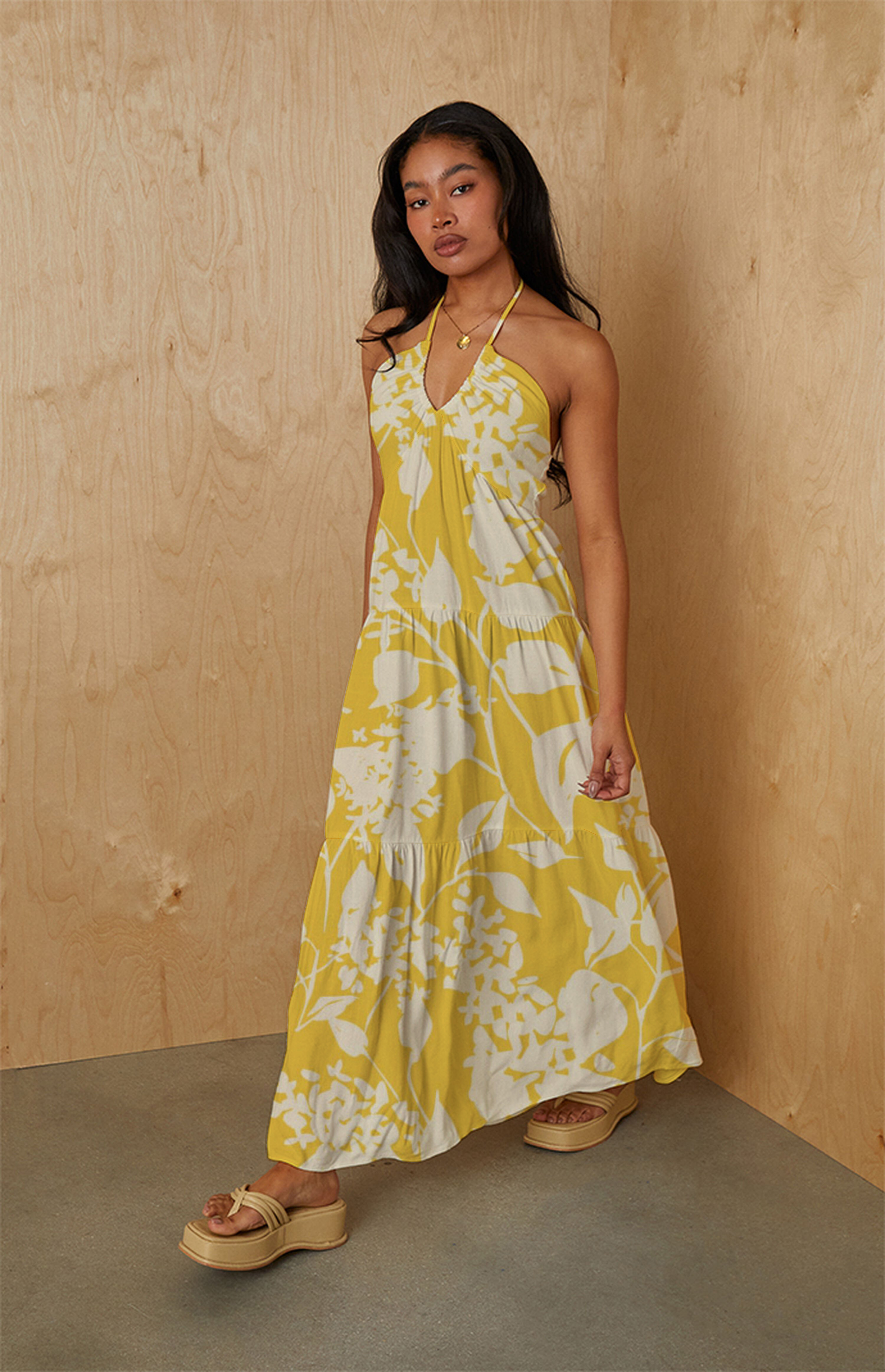 Yellow & White Botanical Silhouette Halter Maxi Dress