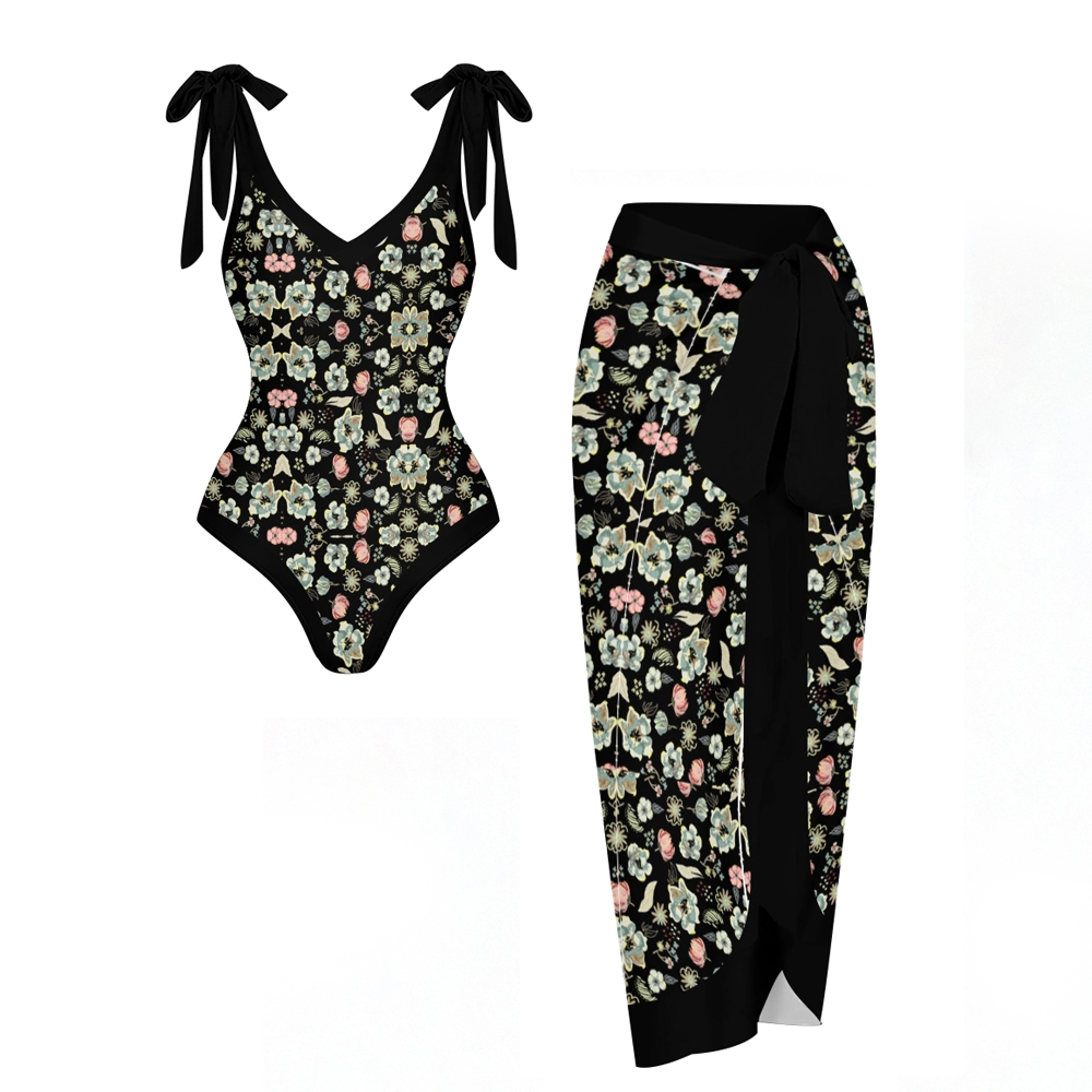 Women’s Black Floral Swimsuit & Wrap Skirt Set with Bow Straps and Vintage Vibes