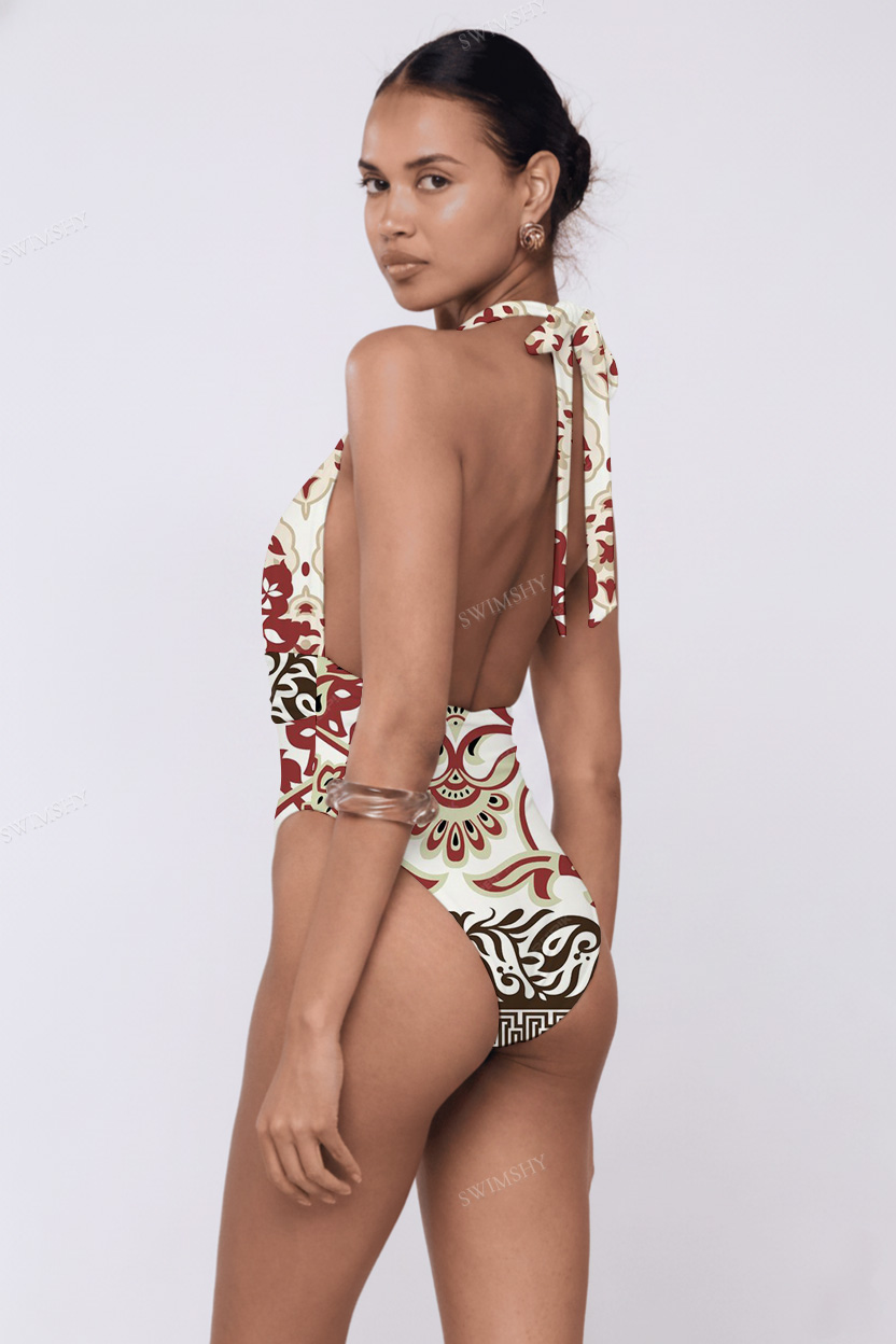 Red Damask Halter One-Piece