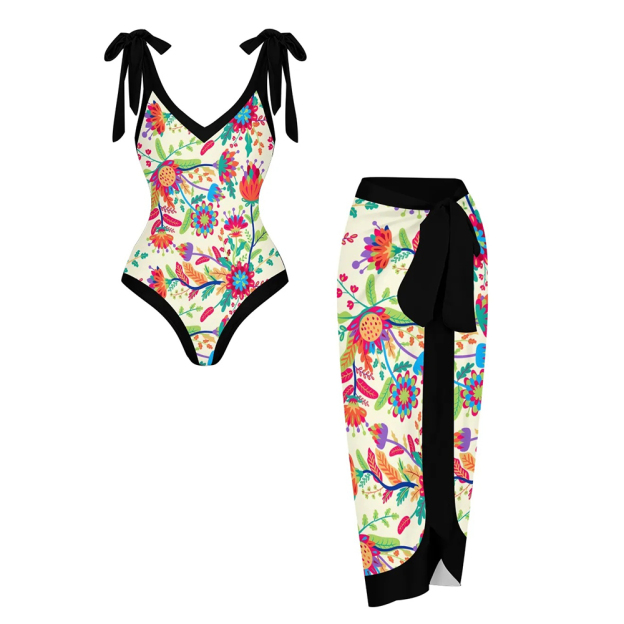 Women's Floral One Piece Swimsuit Set Black Waistband