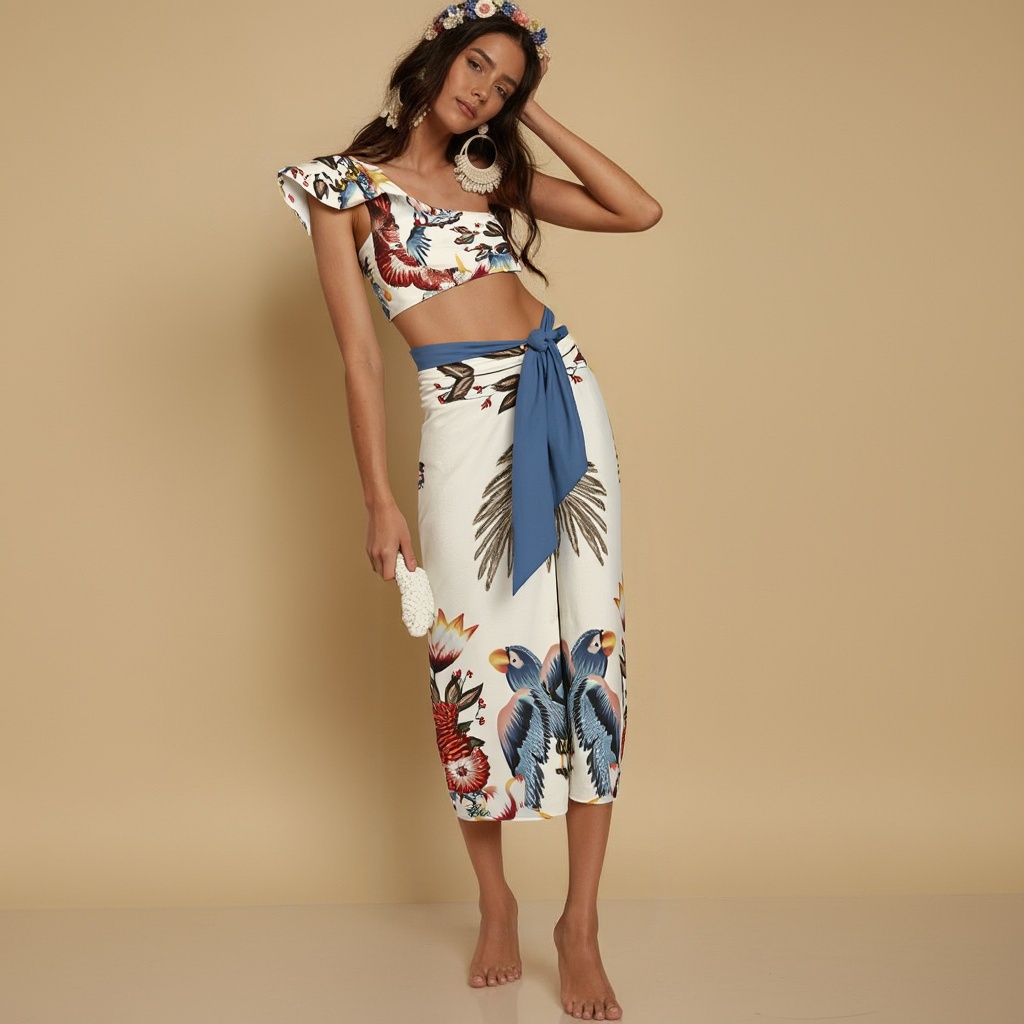 Women's Tropical Print One Shoulder Crop Top with Matching Sarong Skirt