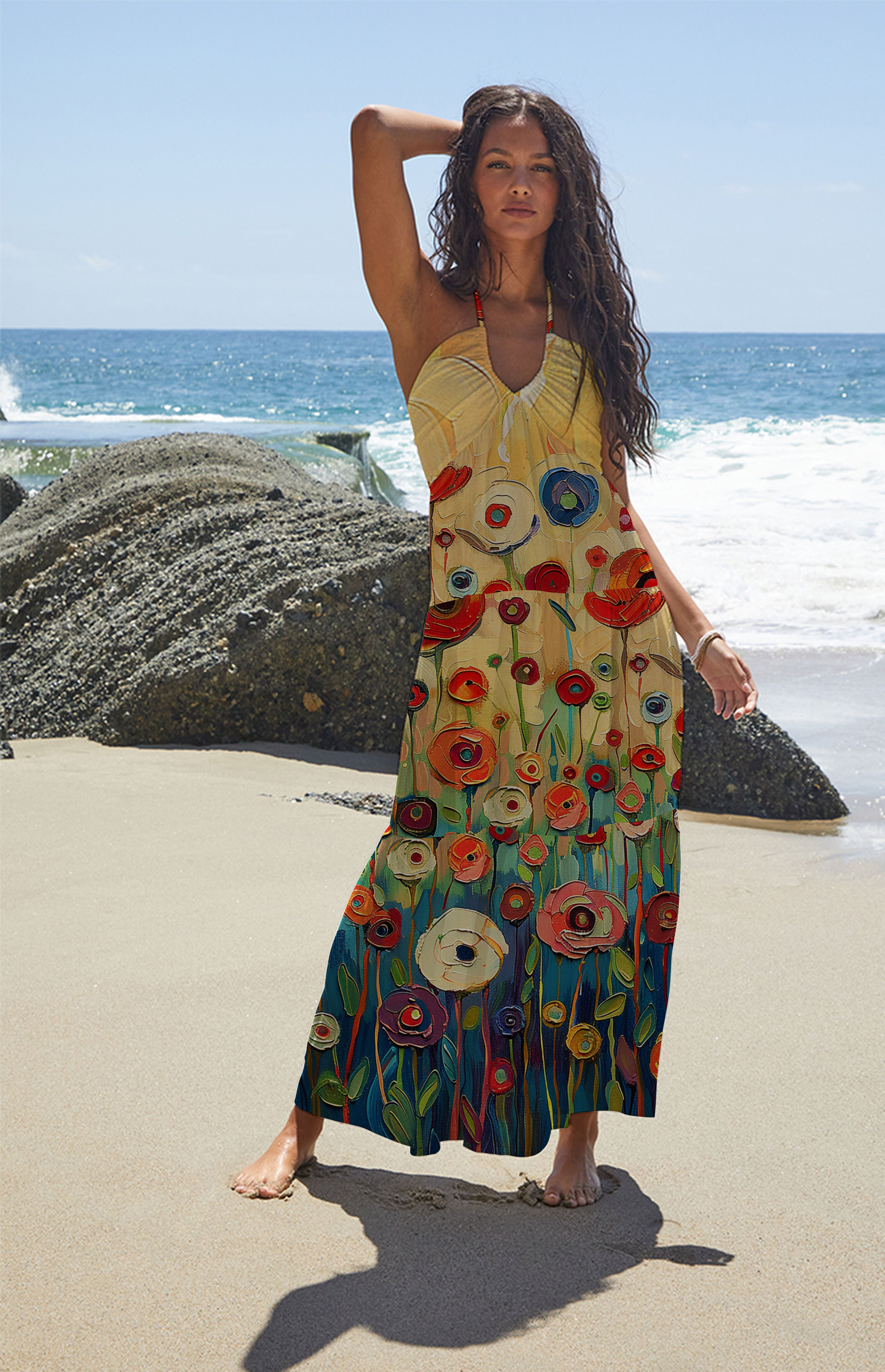 Gradient Oil Painting Floral Halter Maxi Dress