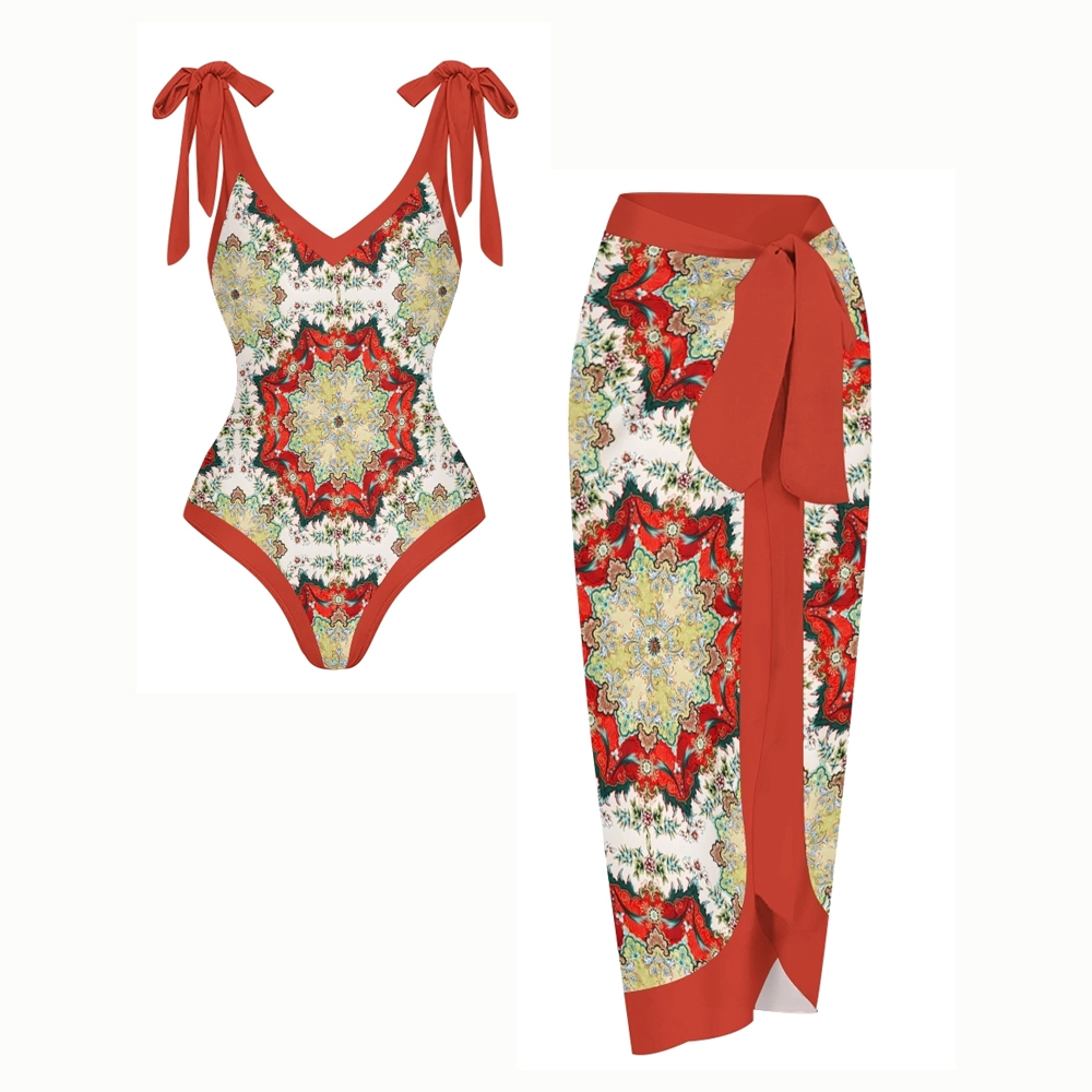 Women's Boho Printed Swimsuits Set with Purple Trim and Waist Tie Skirt