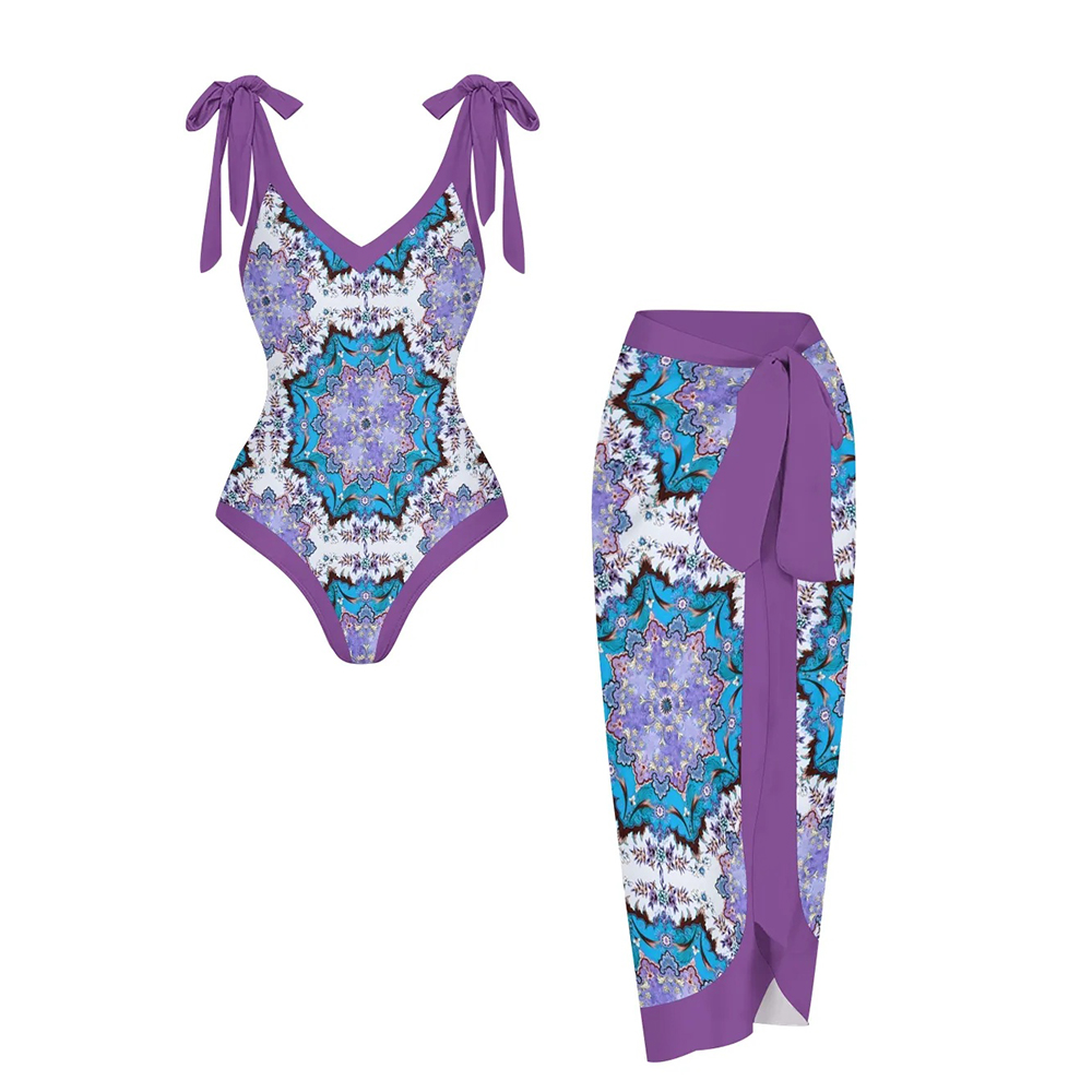 Women's Boho Printed Swimsuits Set with Purple Trim and Waist Tie Skirt