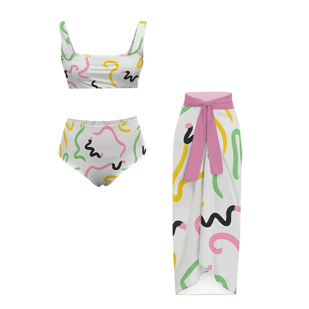 Women's wave-colored cartoon-style one-piece swimsuit and matching sarong skirt set