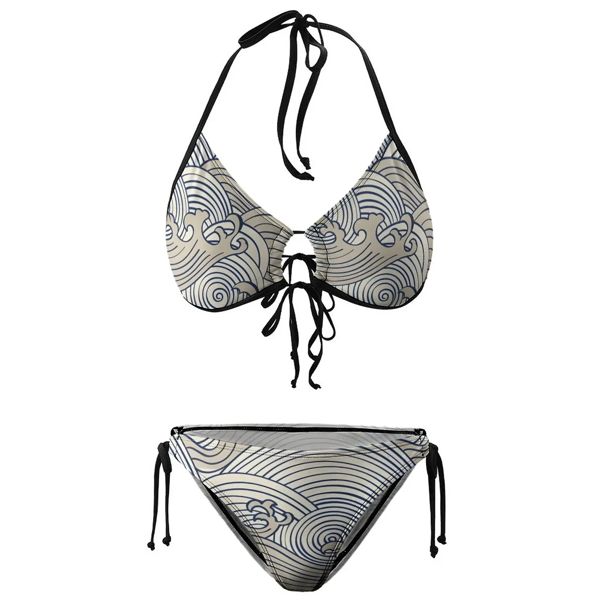 Stylish Bikini Set Ukiyoe Style Wave Pattern with Adjustable Tie Bottoms