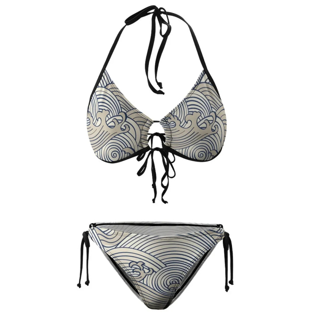 Stylish Bikini Set Ukiyoe Style Wave Pattern with Adjustable Tie Bottoms