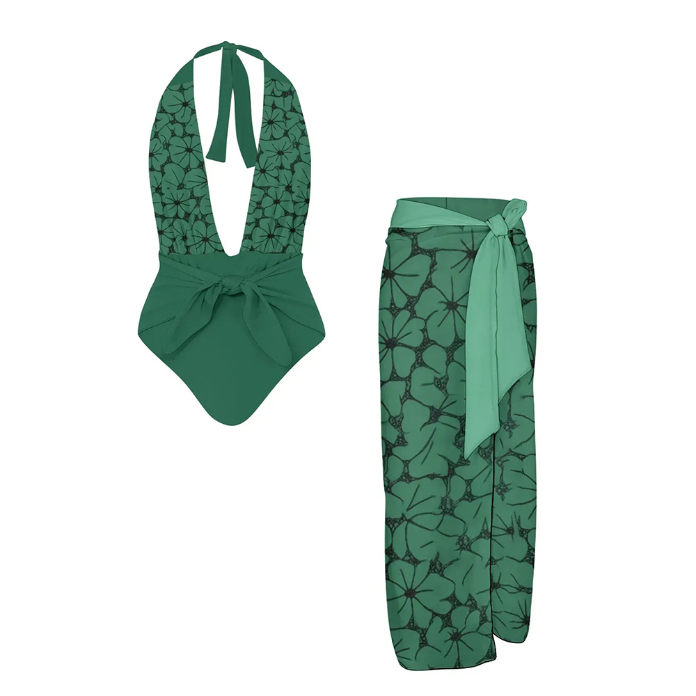 Women's Floral Halter One-Piece Swimsuit with Matching Sarong Skirt