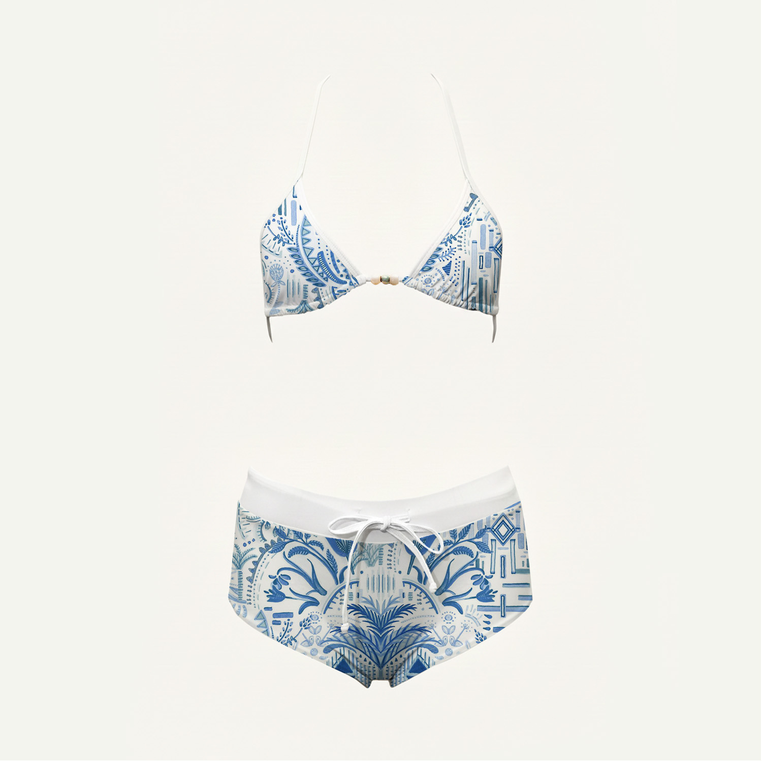 Blue Palm Print High-Waisted Triangle Bikini Set