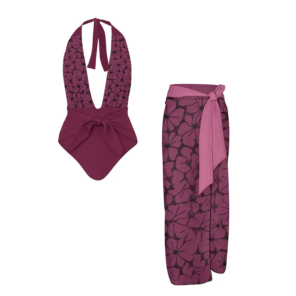 Women's Floral Halter One-Piece Swimsuit with Matching Sarong Skirt