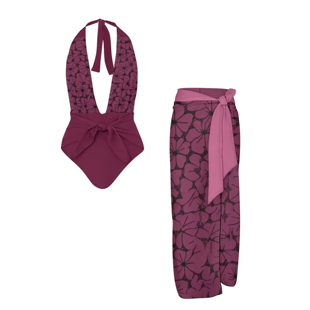 Women's Floral Halter One-Piece Swimsuit with Matching Sarong Skirt