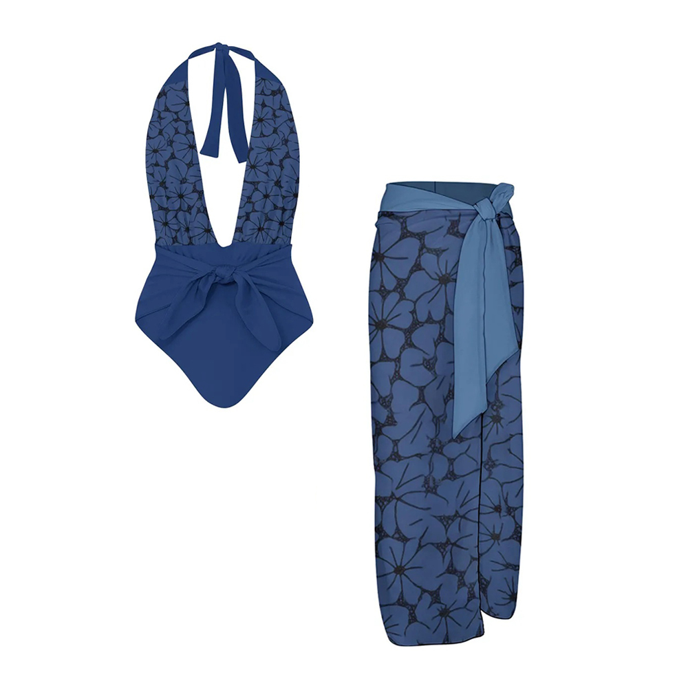 Women's Floral Halter One-Piece Swimsuit with Matching Sarong Skirt
