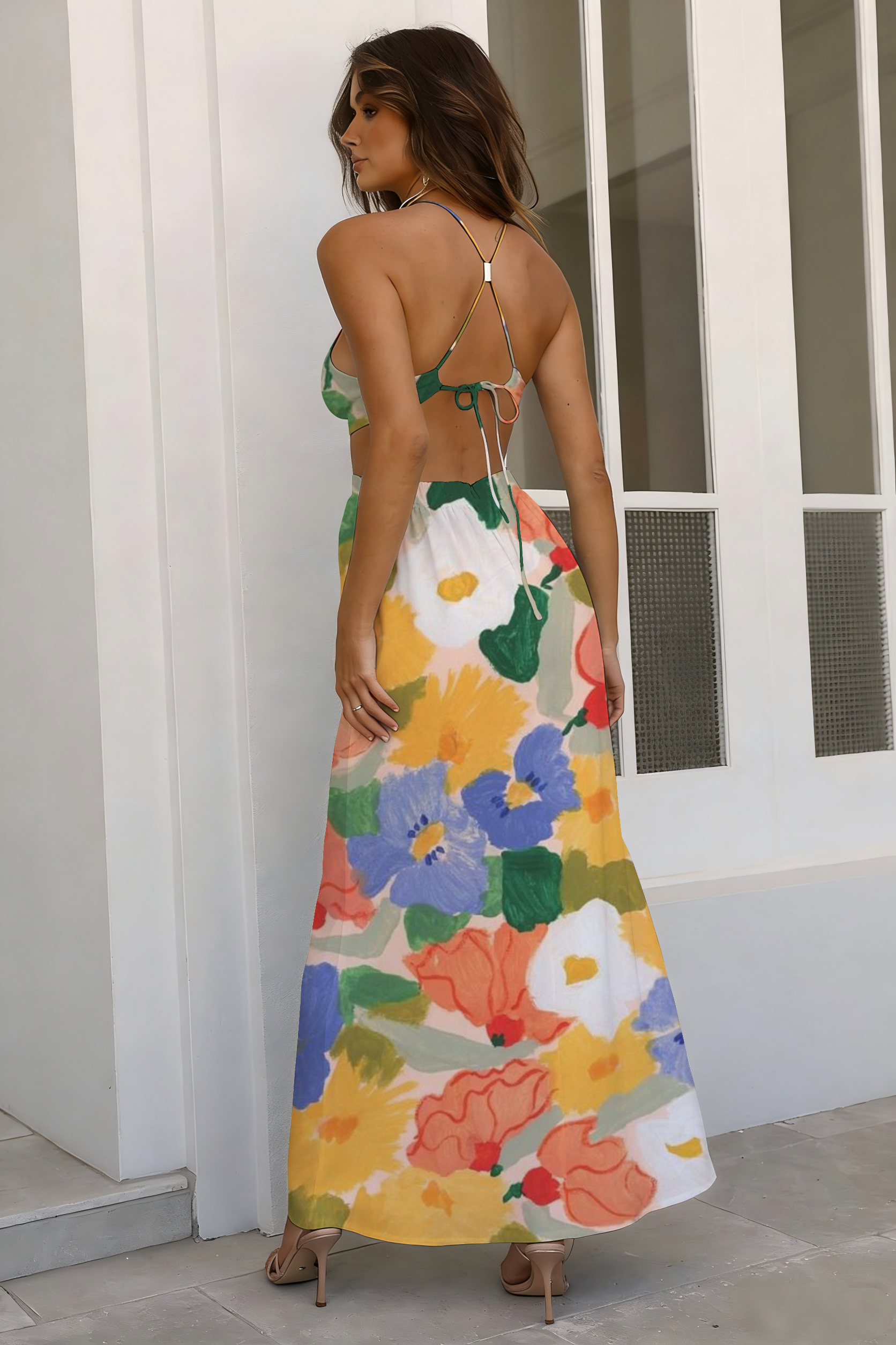 Pastel Watercolor Floral Cutout Maxi Dress