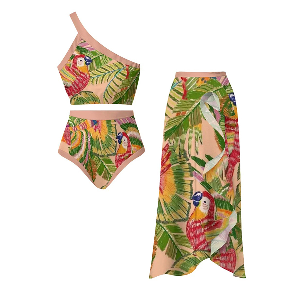 Women's Tropical One-Shoulder Bikini Set with Parrot Print and Matchin