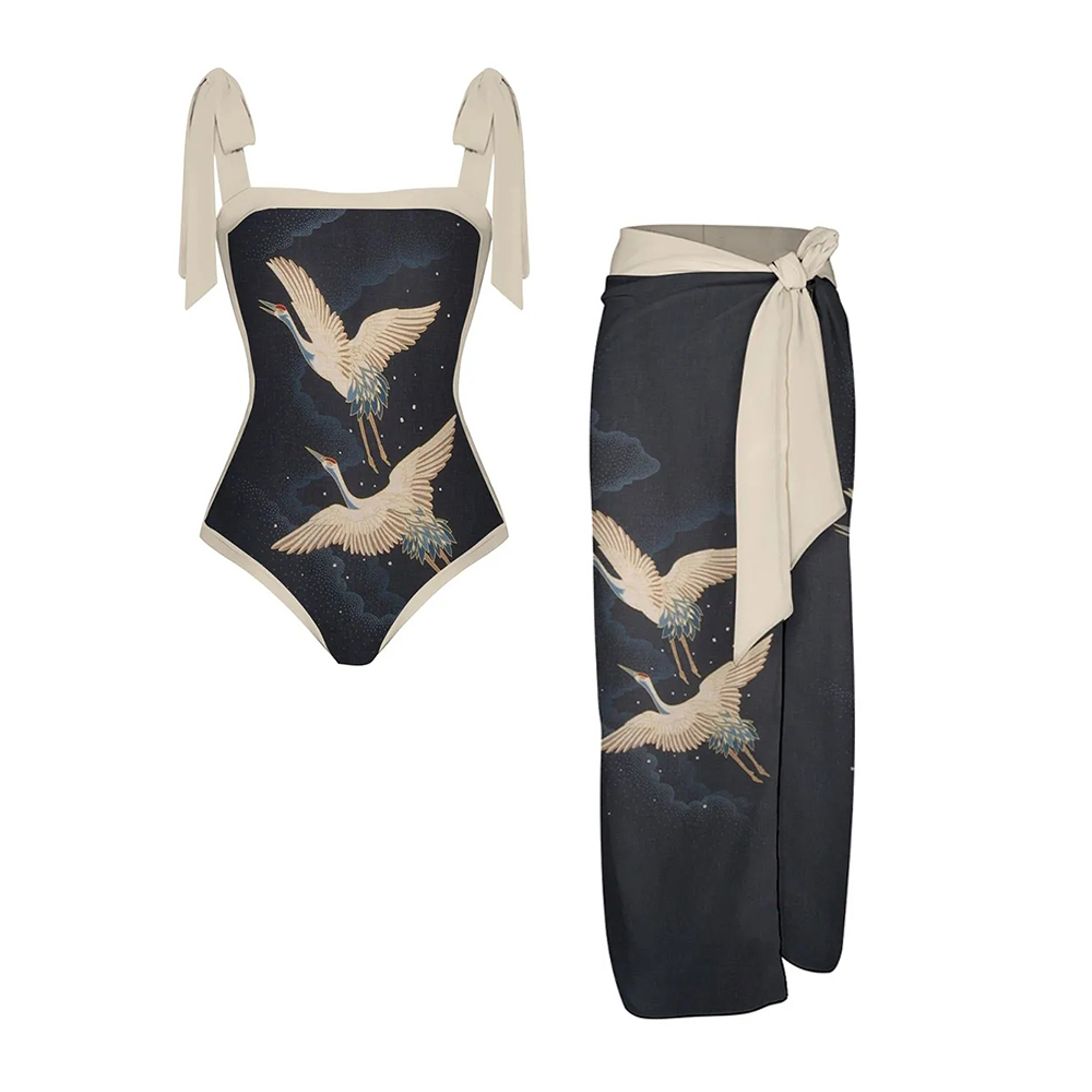 Women's Crane Print One-Piece Swimsuit with Matching Sarong Skirt