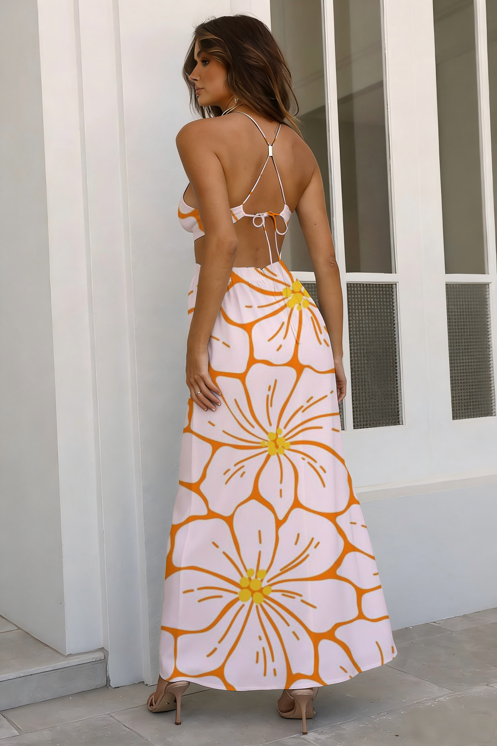Blush & Orange Retro Floral Cutout Maxi Dress