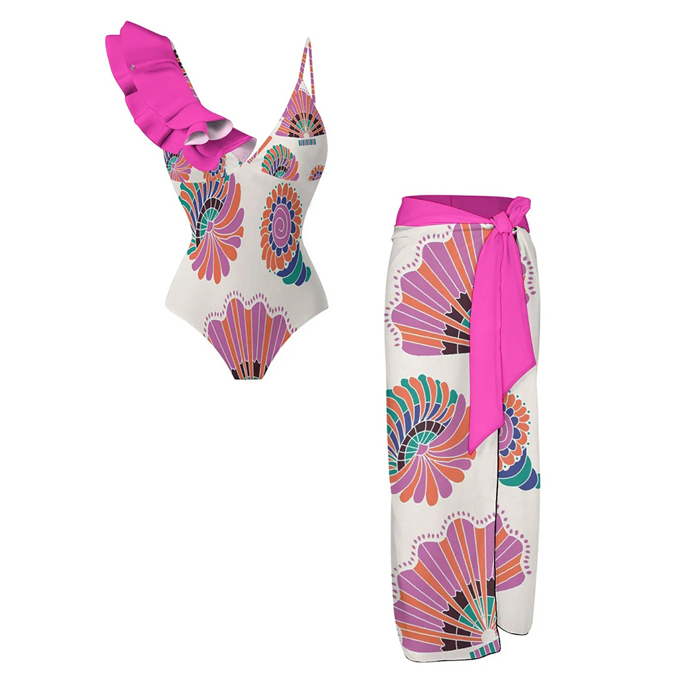 Women's One Shoulder Ruffle One Piece Swimsuit with Matching Sarong Sk