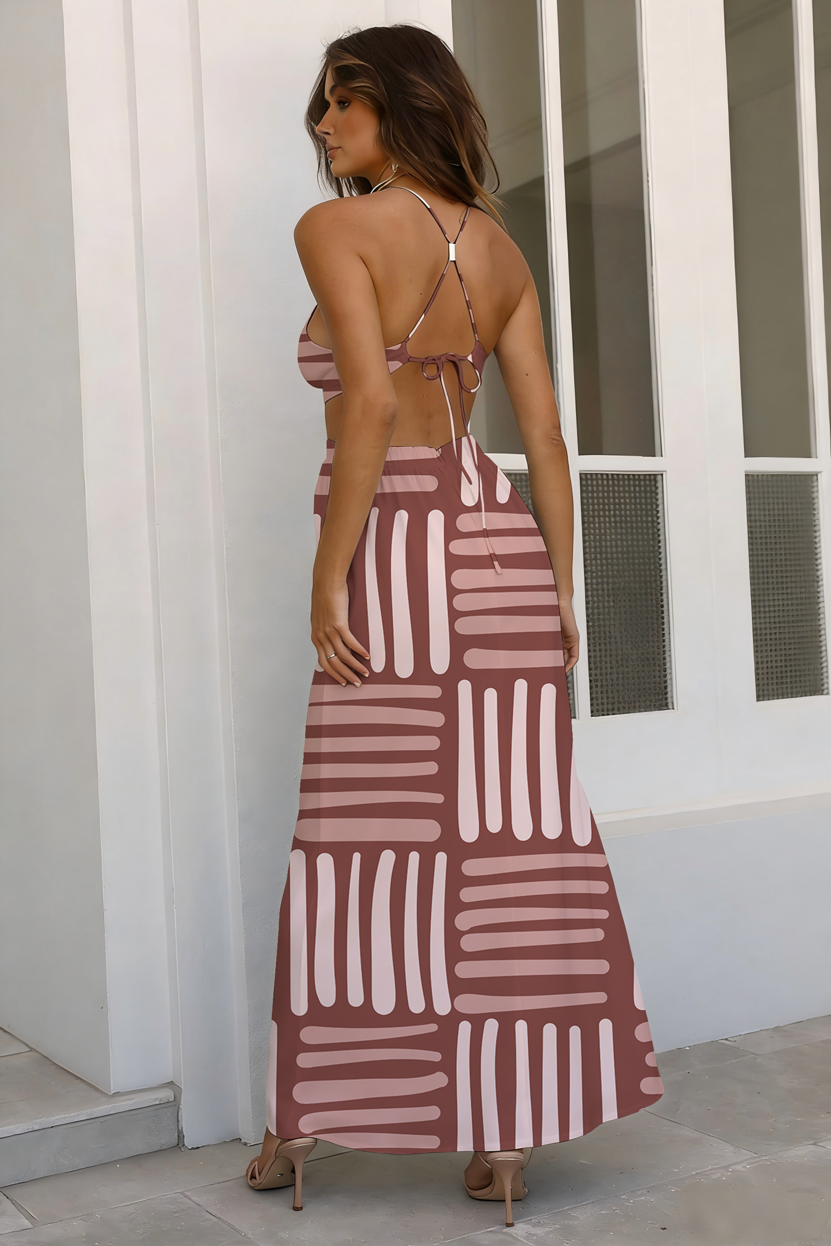 Dusty Rose & Pink Abstract Stripe Cutout Maxi Dress