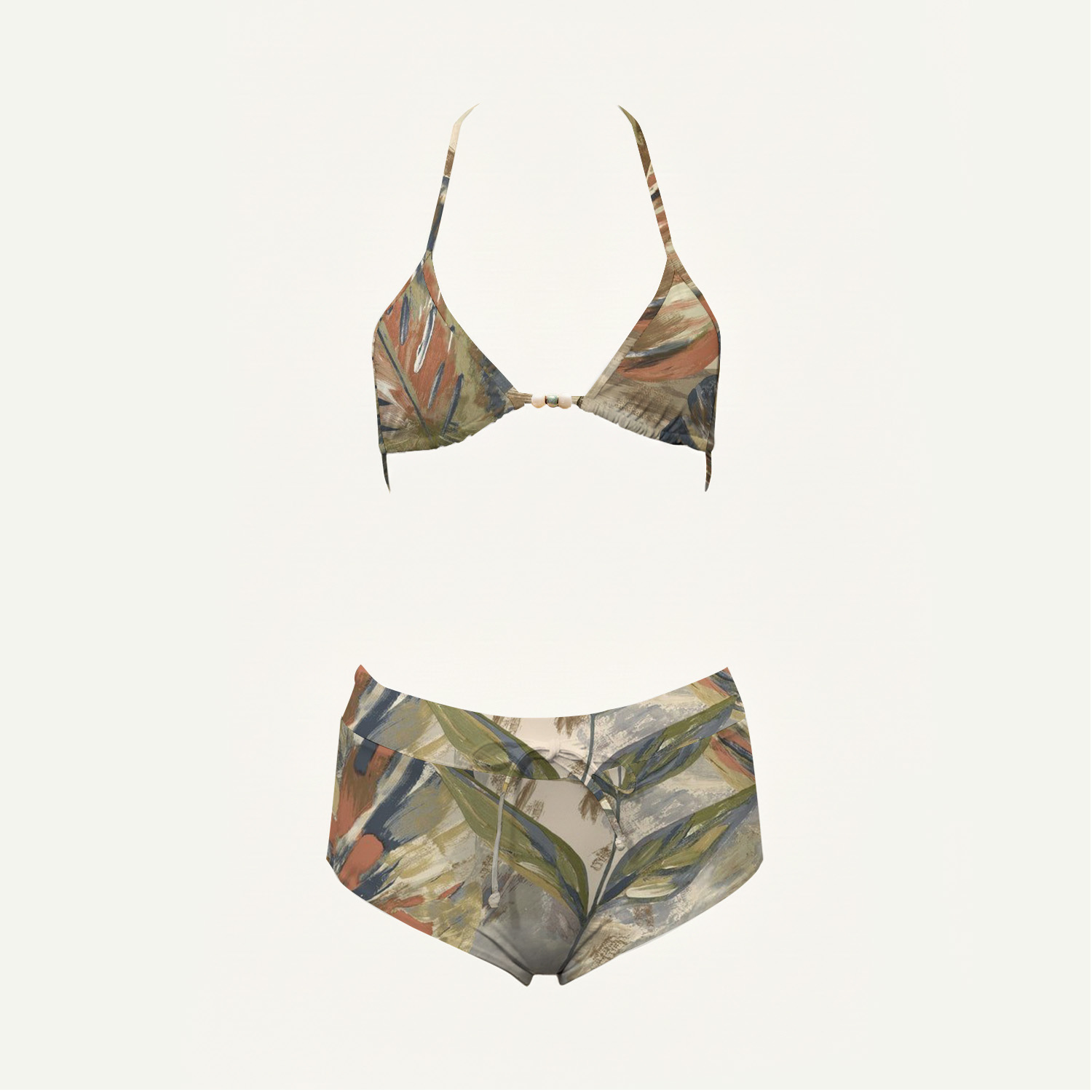 Tropical Leaf Print High-Waisted Triangle Bikini Set
