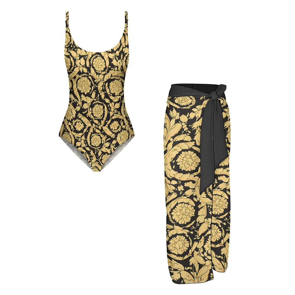 Women's Gold Floral Baroque Print One Piece Swimsuit with Matching Sarong Skirt