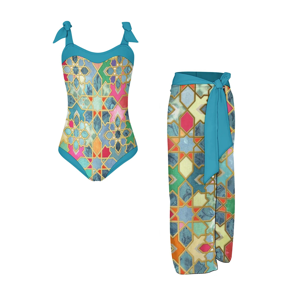 Women's Islamic Geometric Print One Piece Swimsuit with Matching Saron