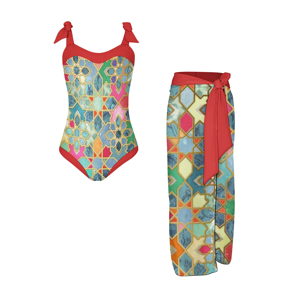 Women's Islamic Geometric Print One Piece Swimsuit with Matching Saron