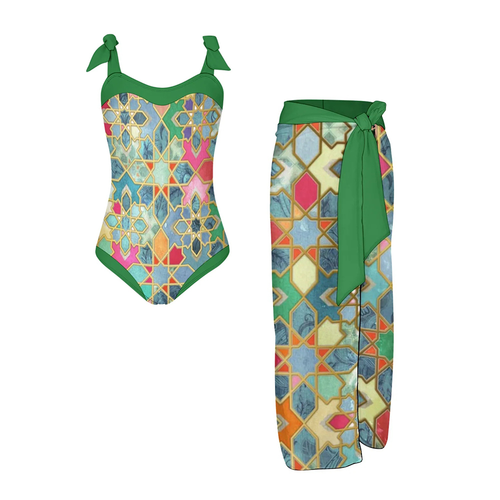 Women's Islamic Geometric Print One Piece Swimsuit with Matching Sarong Skirt