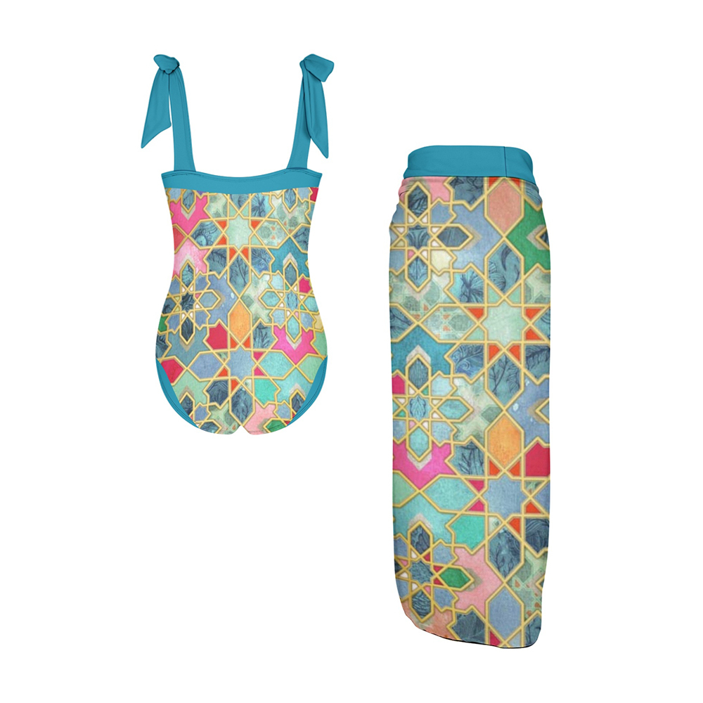 Women's Islamic Geometric Print One Piece Swimsuit with Matching Sarong Skirt