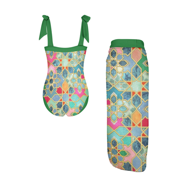 Women's Islamic Geometric Print One Piece Swimsuit with Matching Sarong Skirt