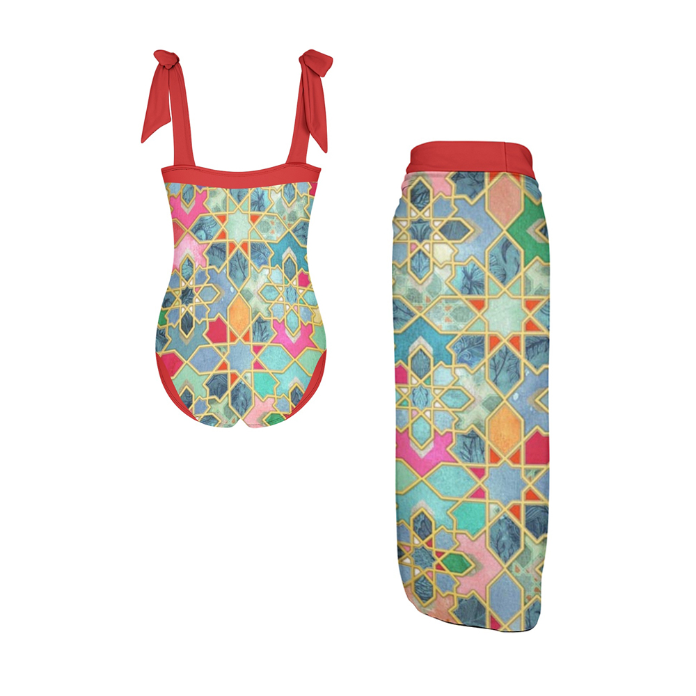 Women's Islamic Geometric Print One Piece Swimsuit with Matching Sarong Skirt